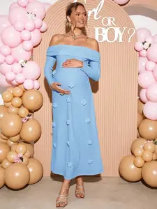 MaterniRIO Maternity 3D Floral Decor Off Shoulder Dress, Blue Babyshower Dress Maternity Maternity Dress For Photoshoot Gender Reveal Maternity Dress Maternity Dress Pregnancy Dress For Photoshoot