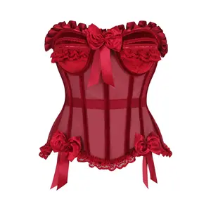 Top Drawer Steel Boned Dark Red Mesh & Velvet Underwire Bustier Corset
