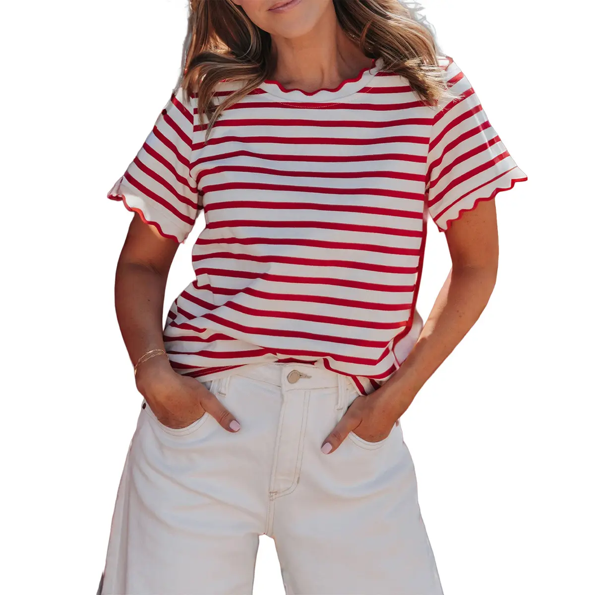 Mntaor Women's Summer Cute & Casual Striped Scallop Trim Tee Round Neck Short Sleeve Top Perfect for Everyday Wear Office or Weekend Outings Womenswear - Shortsleeve,summer outfits