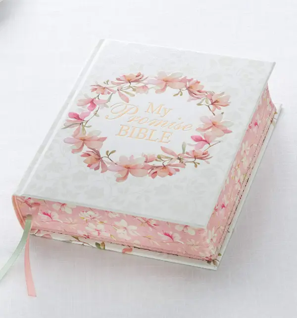 Holy Bible  My Promise Edition, Hardcover with Tabs, Stickers & Ribbon Markers, KJV, White & Pink Floral Wreath