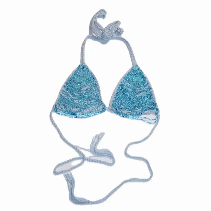 Crochet Beaded Bikini Top - Blue Crochet Bikini Top with Blue Beaded Embellishments for Versatile Styling