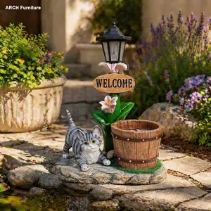 Arch Lying Cat Resin Solar Planter with Solar LEDs, Garden Sculptures Statues, Lights, Outdoors Use, Backyard Garden Decor, Garden Accessories