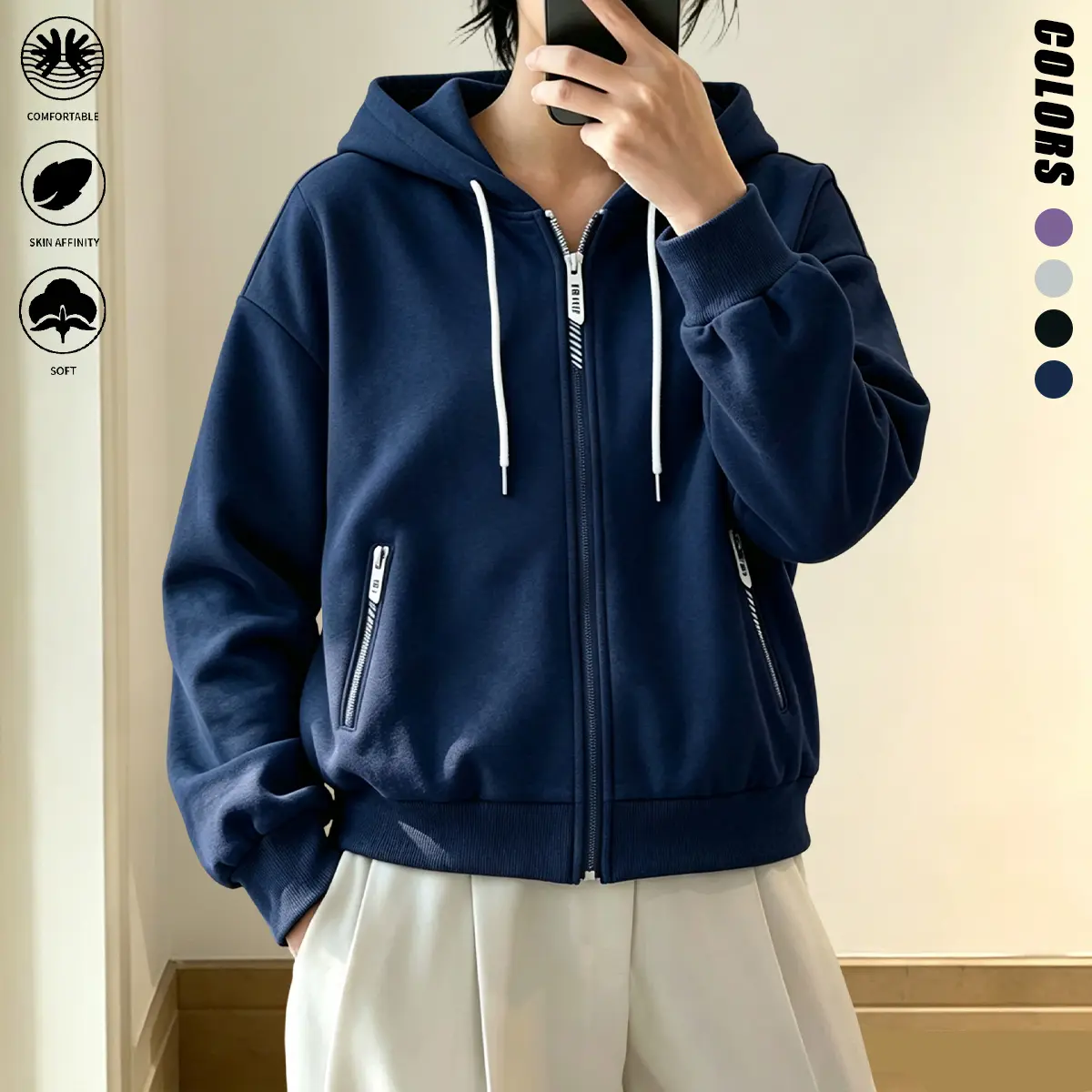 Women's Loose Hoodie Coat - Breathable Hooded Jacket with Soft Lightweight Fabric, Full Zip Front, Drawstring Hood, Stylish Zipper Pockets, Short Fit, Multiple Colors for Urban Street & Casual Wear