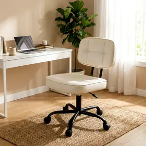 Armless Computer Chair with Lumbar Support – Ergonomic Low Back PU Leather Desk Chair – Height Adjustable, 360° Swivel Rolling Wheels – White, Space-Saving for Small Office