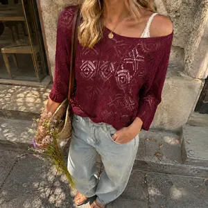 QUALFORT Women's Crochet Off Shoulder Sweater, Lightweight Hollow Out Knit Pullover Top for Casual Daily & Beach Wear, Knitwear, Basic