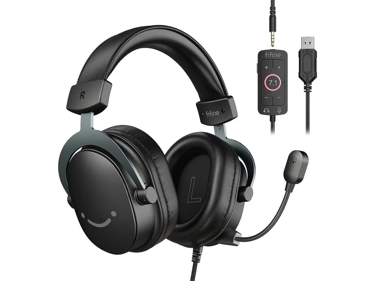 FIFINE H9 PC Gaming Headset with 7.1 Surround Sound, Detachable Microphone, Control Box, 3.5mm Jack, Over-Ear Wired for PC/Smartphone/PS5 via USB, Xbox/Switch via 3.5mm