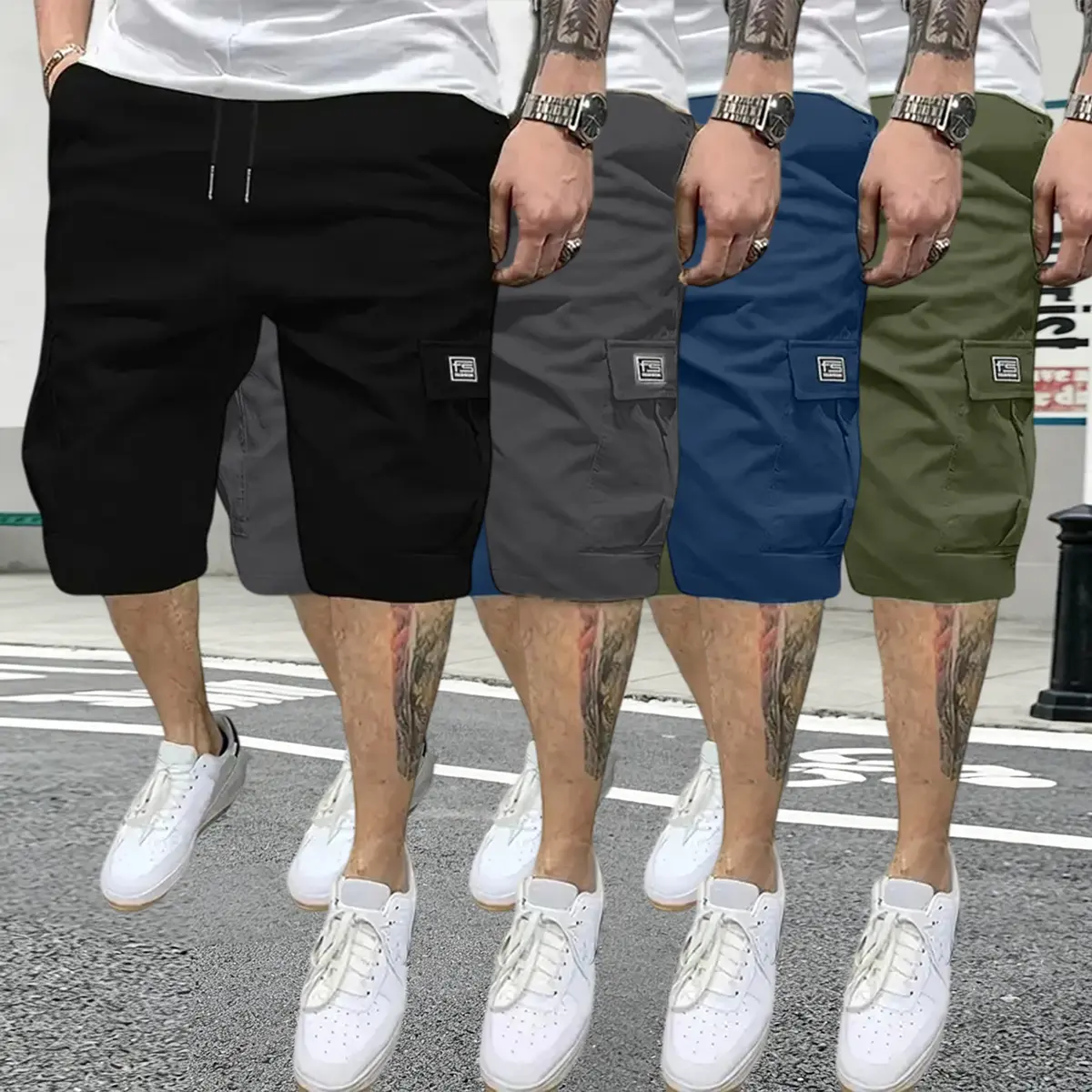 Set of 4 men’s outdoor tactical shorts with multiple pockets—fashionable summer lightweight loose straight-leg casual shorts, durable multifunctional work shorts suitable for camping, cycling, and hiking.