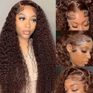 #4 Brown Deep Wave Human Hair Wigs 13X6 HD Lace Frontal Wigs Pre plucked Deep Wave Lace Front Human Hair Wigs For Women 180% Density