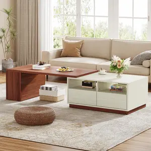 TRIBEWOOD Extendable Coffee Table with Storage, Reversible Living Room Table with 2 Drawers & Shelves, Large Rectangular Center Table for Living Room, White & Walnut (43" to 75" Adjustable Length)