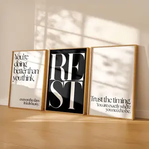 Neutral Bedroom Wall Art Set of 3, Rest Quote Prints, Calm Bedroom Decor, Minimalist Affirmation Wall Art, Monochrome Digital Download