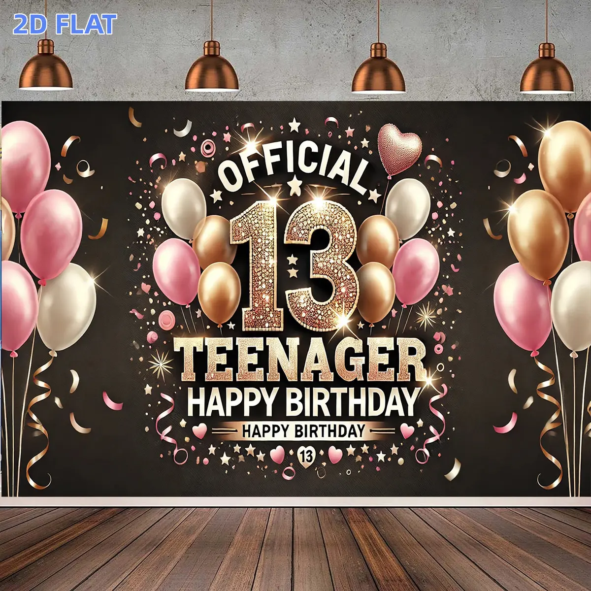 1pc 2D Flat Banner, 1 Pink Golden 13th Happy Birthday Banner, Happy Birthday Backdrop, Durable, Reusable Teen Party Decor with 'Official Teen' Design, Includes Balloons and Stars, Party Decorations, for Home, Yard, Studio Props