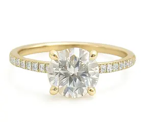 1.5 Carat Round Lab Diamond Engagement Ring, Pavé Band, Solitaire Gold Wedding Ring