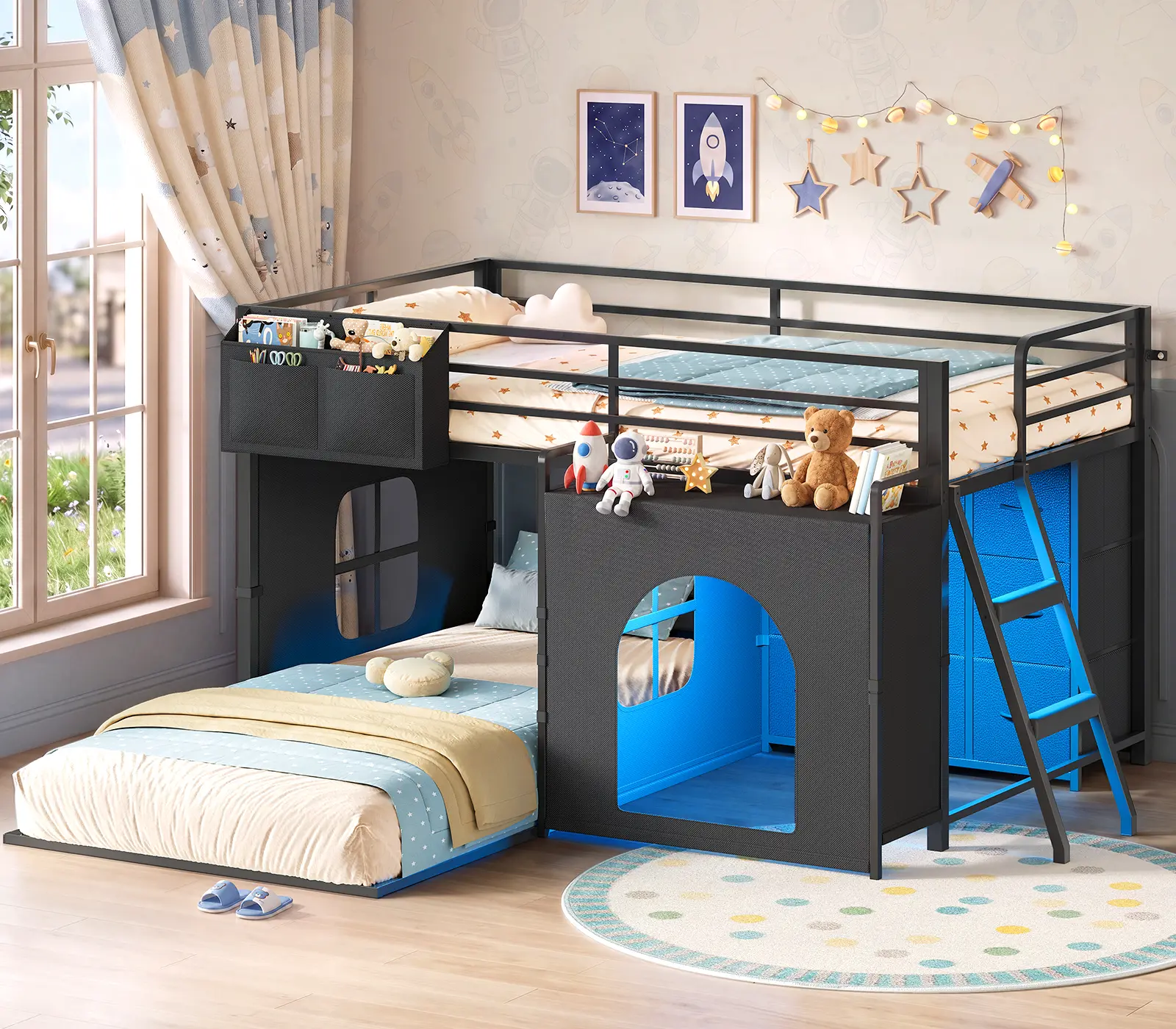 Bunk Bed Twin Over Twin with 9 Drawers, LED Lights & Inclined Ladder, Metal Bunk Bed with  Safety Guardrail, L-Shaped Twin Bunk Beds with Under-Bed Play Space, Curtain, Side Pocket, Open Shelves, Black