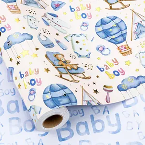 Blue  Shower Wrapping Paper,  Boy Wrapping Paper, Cute Bear Balloons Clothes  Blue  Wrap for  Packaging, Newbaby Celebrations, Party Supplies(Mini Roll, 17 In X 33Ft)
