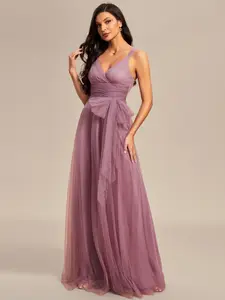 Ever-Pretty Floor Length Double V Neck Tulle Bridesmaid Dresses in Soft Blush Tone for Formal Evening Wear with Concealed Zipper Closure 07306