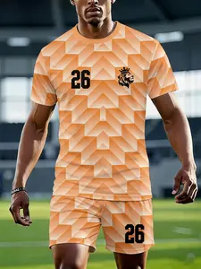 Men's 3D Digital Print Round-Neck Football Set, Netherlands Team Orange and White 3D Block 26th Print Set, Machine Washable, Casual Sportswear, Essential for Sports Enthusiasts, a Thoughtful Gift for Him