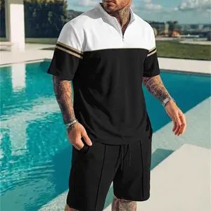 Viral TikTok Men Two Tone Half Zip 2 Piece Matching Set Striped Trim Collar Short Sleeve Shirt Elastic Waist Drawstring Shorts Lightweight Summer Outfit For Resort Travel Pool Party Daily Neutral Color Block Casual Wear   Fabric Menswear Clothes .6932