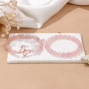 2pcs Love & Money Attraction dainty Bracelet Natural Rose Quartz Bracelets with Beaded Round Stones & Butterfly Charm, Believed to Attract Romance, Protect Love & Bring Positive Energy, Aesthetic Crystal Jewelry Gift for Women  stackable  Christmas Gift