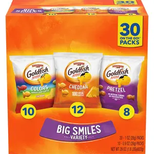 Crackers Big Smiles Variety Pack with Cheddar, Colors, and Pretzels, Snack Packs, 30 Ct