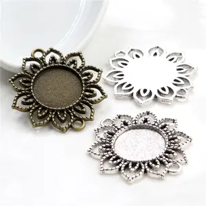 10pcs 18mm Inner Size Antique Bronze And Silver Plated Flower Connection Hollow Style Cabochon Base Cameo Setting Charms Pendant