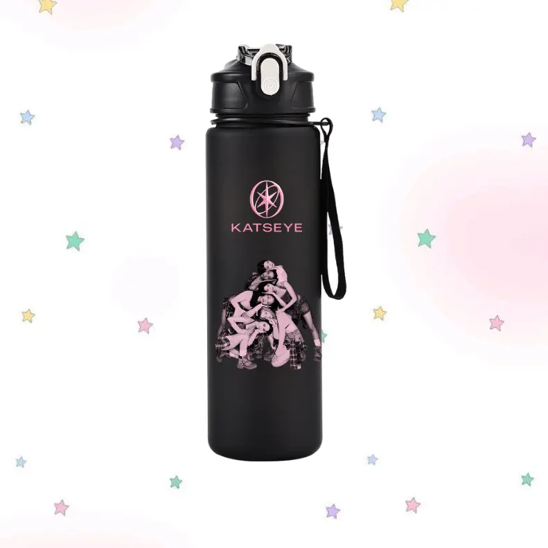KATSEYE K-Pop Merch Sports Water Bottle – Matte Black Leakproof Reusable Drink Bottle