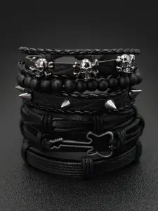 6pcs/set Punk Style Wooden Beads PU Leather Woven Bracelets, Stackable Bracelet, Adjustable Bracelet, Beaded Bracelets, Gothic Rivet Accessories, Unisex Daily Wear, Halloween Gift