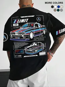 Men's Car & Letter Print Short Sleeve Graphic Tee, Regular Fit Streetwear Casual Round Neck T-shirt for Summer, Men's Top for Daily Wear