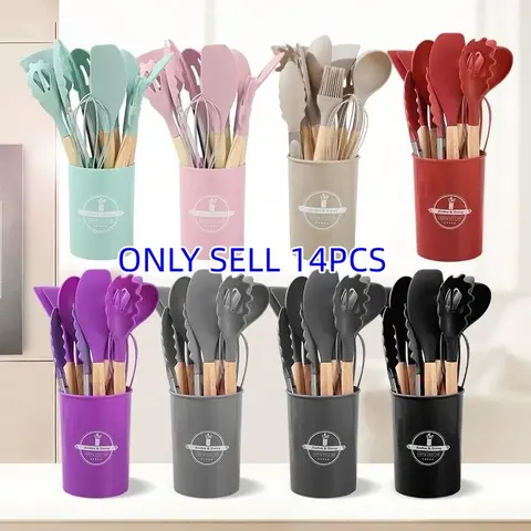Silicone Cooking Utensils Set, 14pcs/set Modern Non-stick Cooking Utensils Set with Wooden Handle, Kitchen Cooking Utensils Set for Home Use, Silicone Spatula Set, Kitchen Tools and Gadgets, Durable Kitchenware
