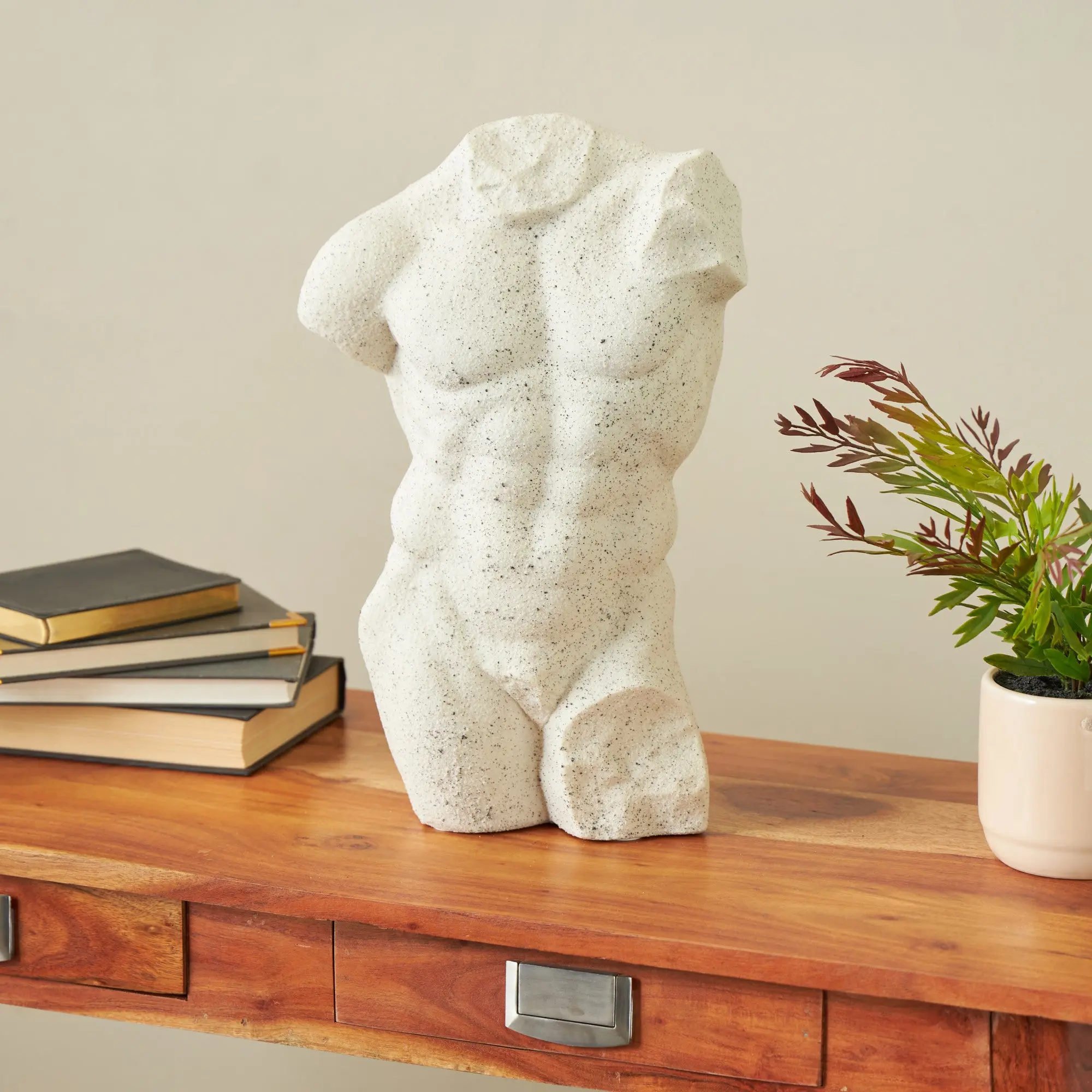 Artistic White Polystone Textured Figurine with Black Speckles, Minimalist Home Decor Sculpture, Ideal Gift for Home Supplies Enthusiasts