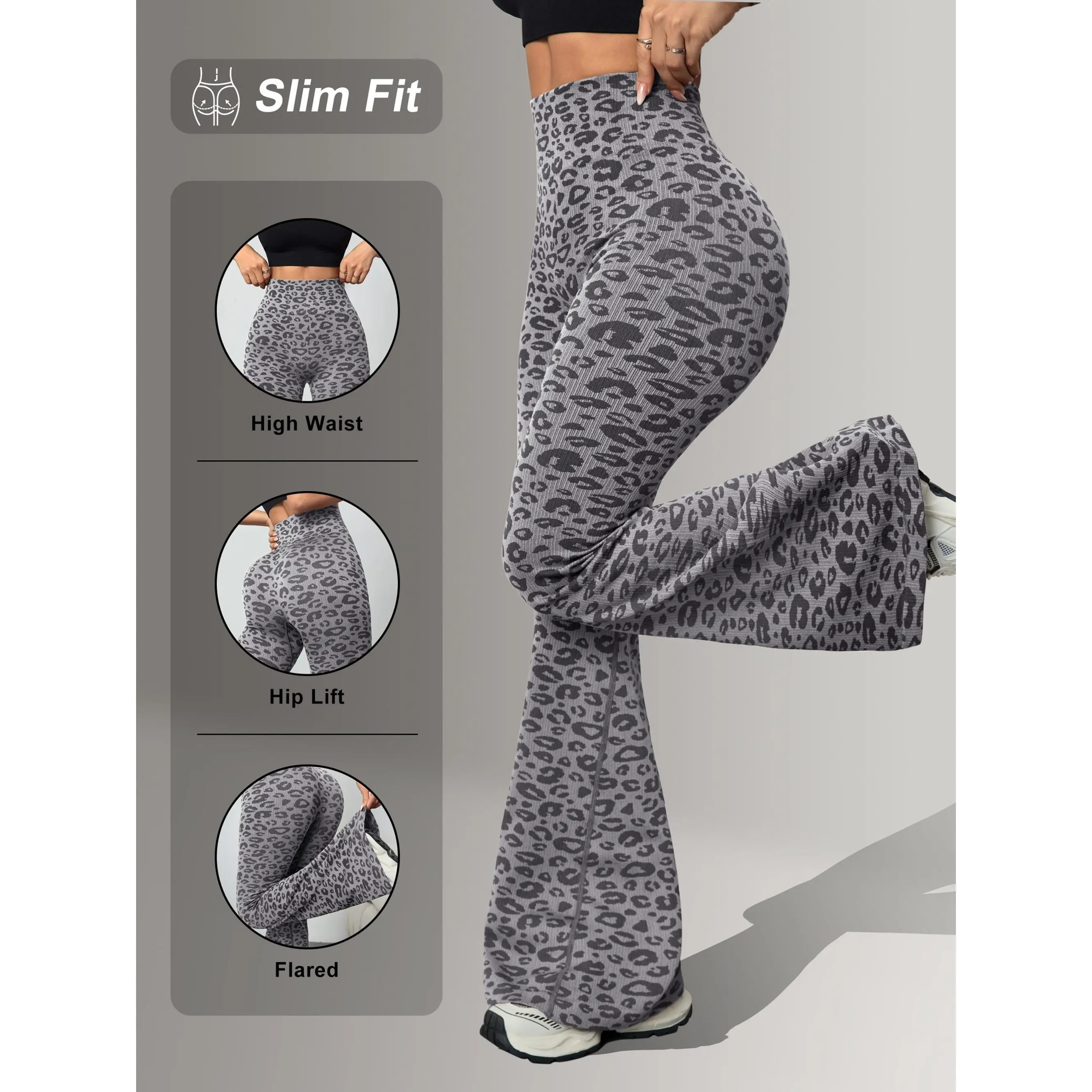 Women's Adult Leopard Print Yoga Flared Pants - Nylon Synthetics, Seamless Elasticity, Sporty Chic Urban Style, Machine Washable, Suitable for Outdoor Use, Versatile Design, Outdoor Wear, High Elasticity, Female, All Seasons, Do Not Dry Clean, Standard Si