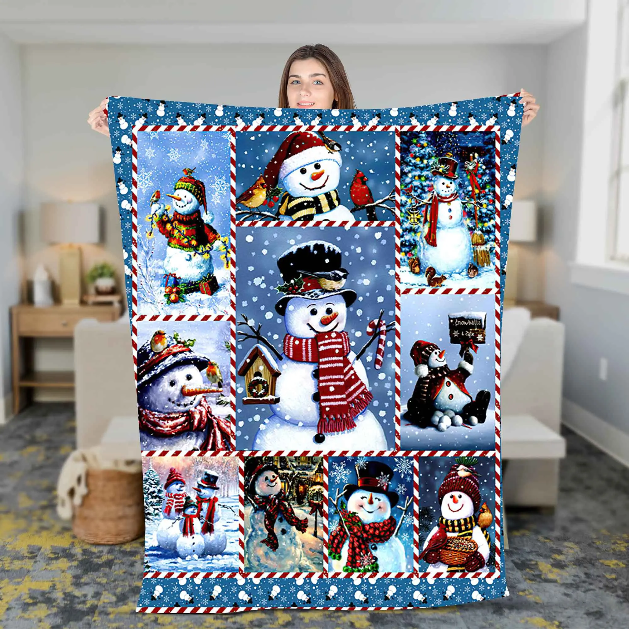 Modern Snowman Print Fleece Sherpa Blanket - Soft & Cooling - Christmas Blanket for Cozy and Snug Sleep