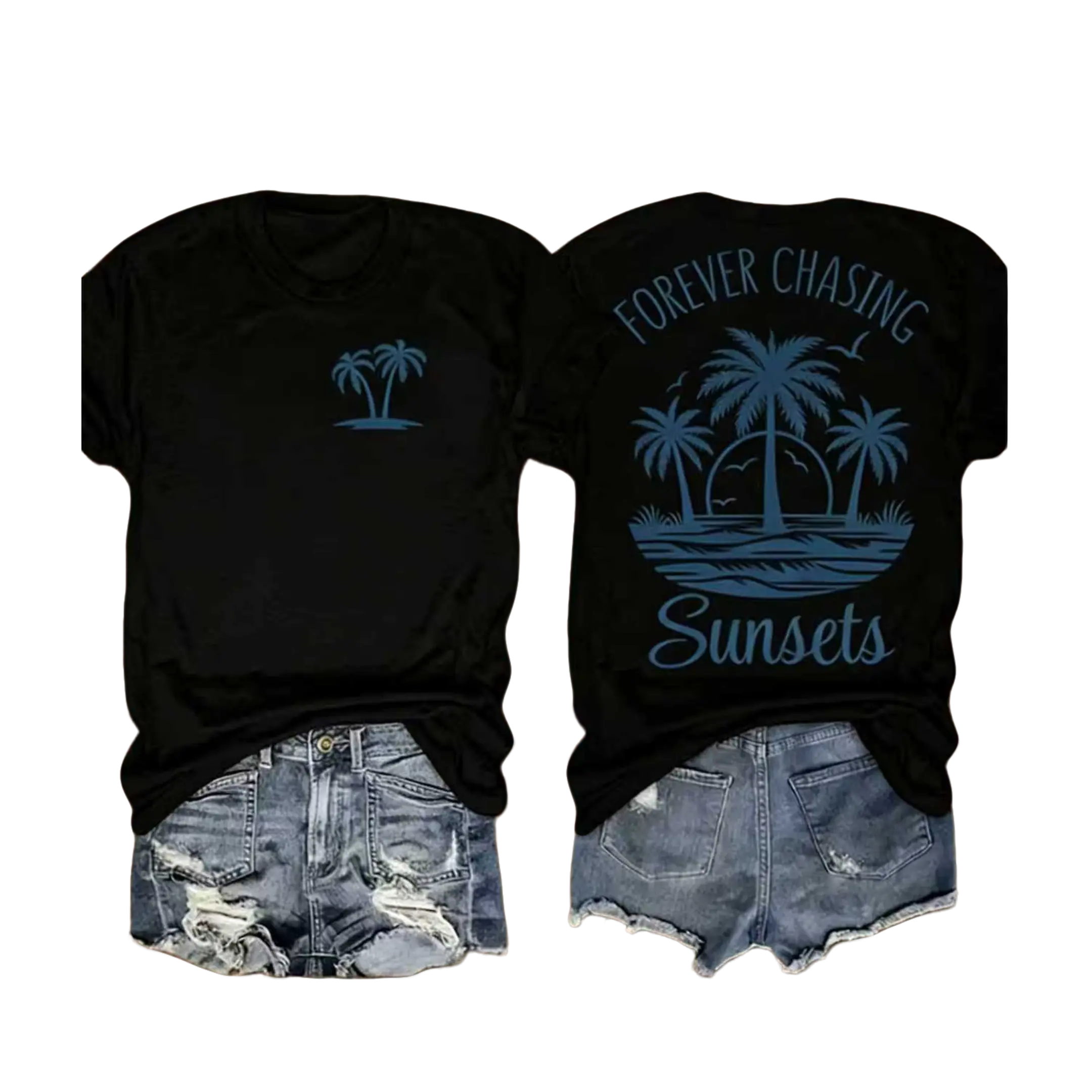 Womens Cotton Short Sleeve Graphic T Shirt Forever Chasing Sunsets Palm Tree Beach Sunset Print Summer Vacation Coastal Casual Tee For Travel Weekend