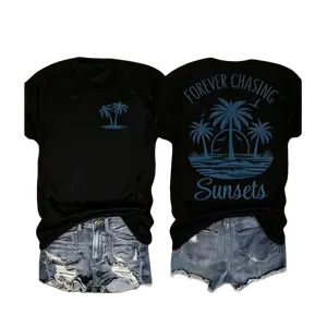 Womens Cotton Short Sleeve Graphic T Shirt Forever Chasing Sunsets Palm Tree Beach Sunset Print Summer Vacation Coastal Casual Tee For Travel Weekend