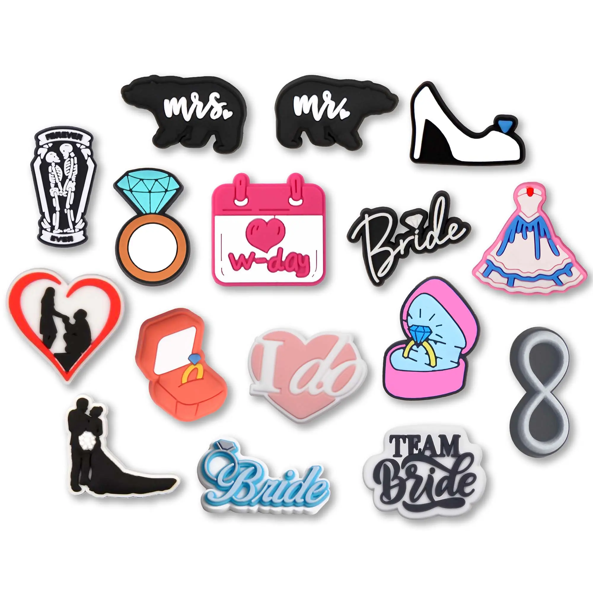 Bride Wedding Charms 16PCS PVC Clog Pins Accessories Party Favors Birthday Gifts Holidays Decoration for Boys Women Girls