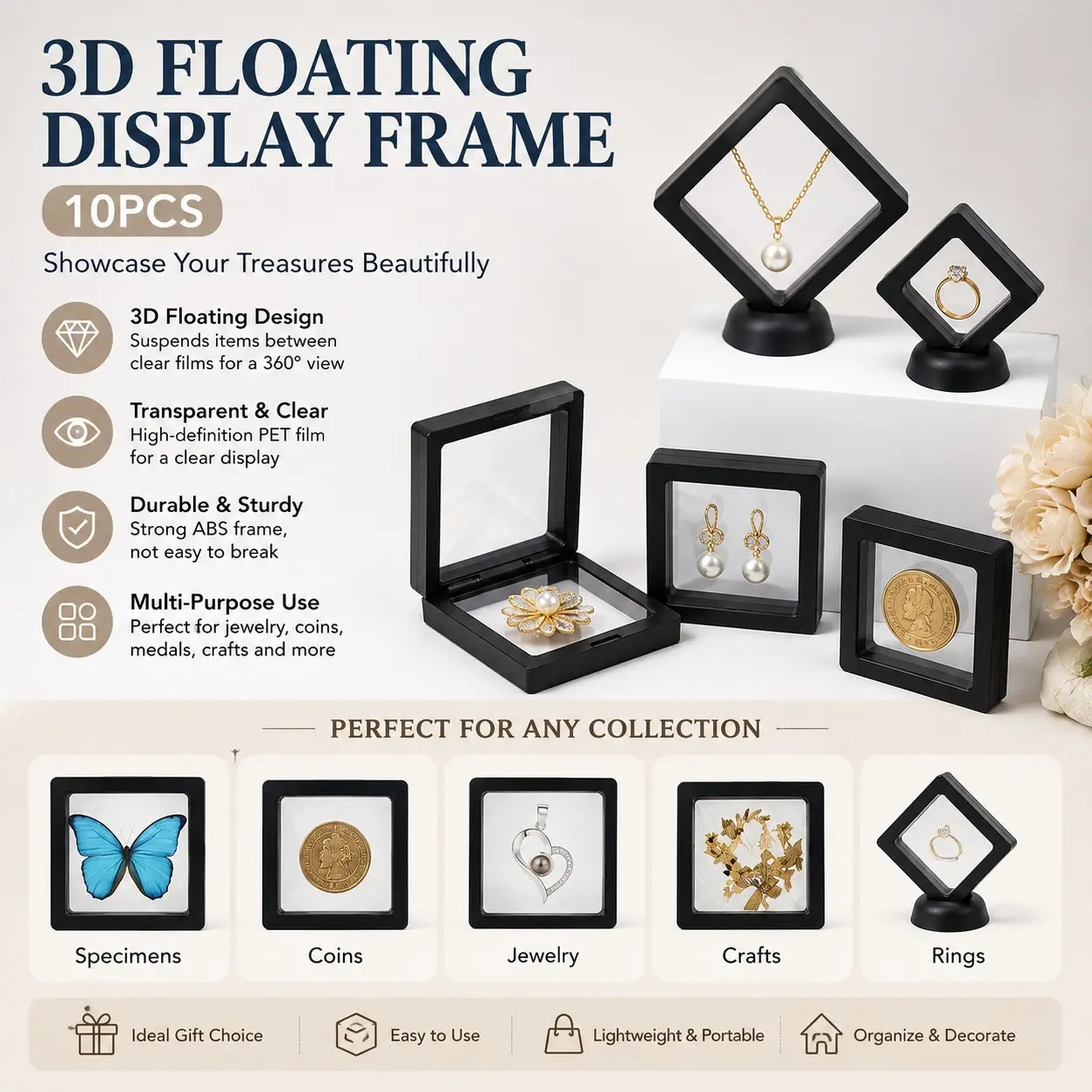 3D Floating Display Frame, 10-Piece Durable Jewelry Showcase Box, Transparent Clear Packaging for Craft Fairs, Home Decor Accessories, Bead Supplies