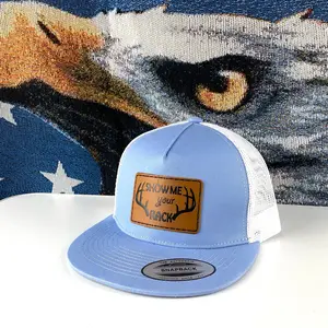 Show Me Your Rack Baseball Cap Trucker Hat - Light Blue Mesh Back with Leather Patch Design
