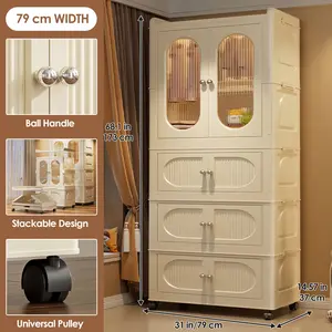 Multi-layer Foldable Kids Wardrobe Storage Cabinet with Magnetic Doors & Wheels Customizable Setup for Home Nursery Organization