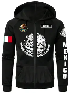 Mexican Coat of Arms Print Zip Hoodie, Casual Fitted Graphic Sweatshirt, Warm Plush Lining, Cultural Enthusiast Fashion, Tiktok Trend