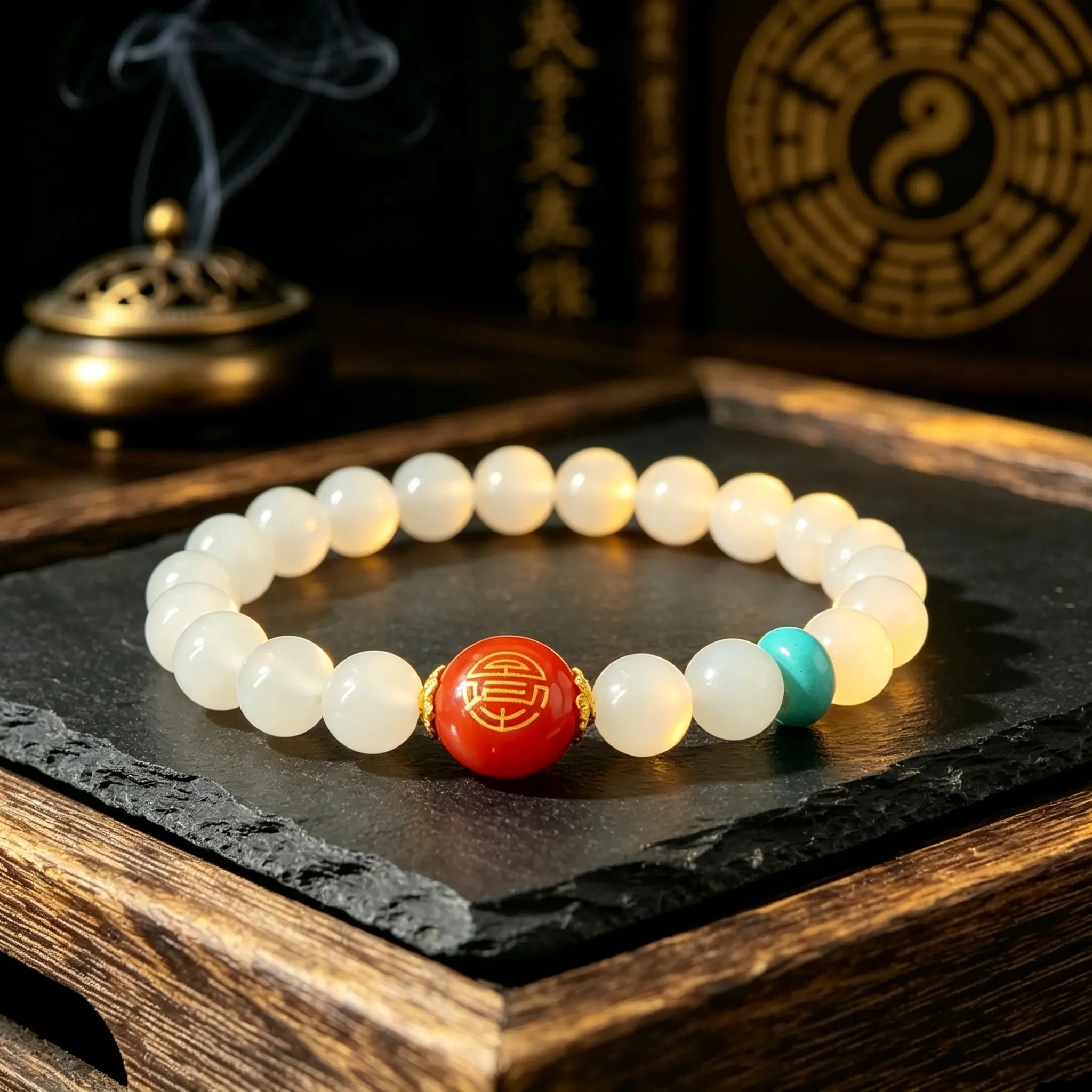 Red and white beaded bracelet for women, Taoist culture bracelet suitable for enhancing peace of mind, fortune, career, and love.