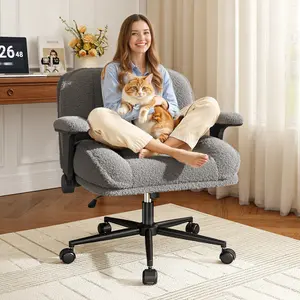 Raybee Criss Cross Office Chairs with Wheels & Flip-up Arms Cross Legged Teddy Fleece Swivel Vanity Chairs with Wide Plush Cushion Seat for Reading Makeup Bedroom Study Gaming