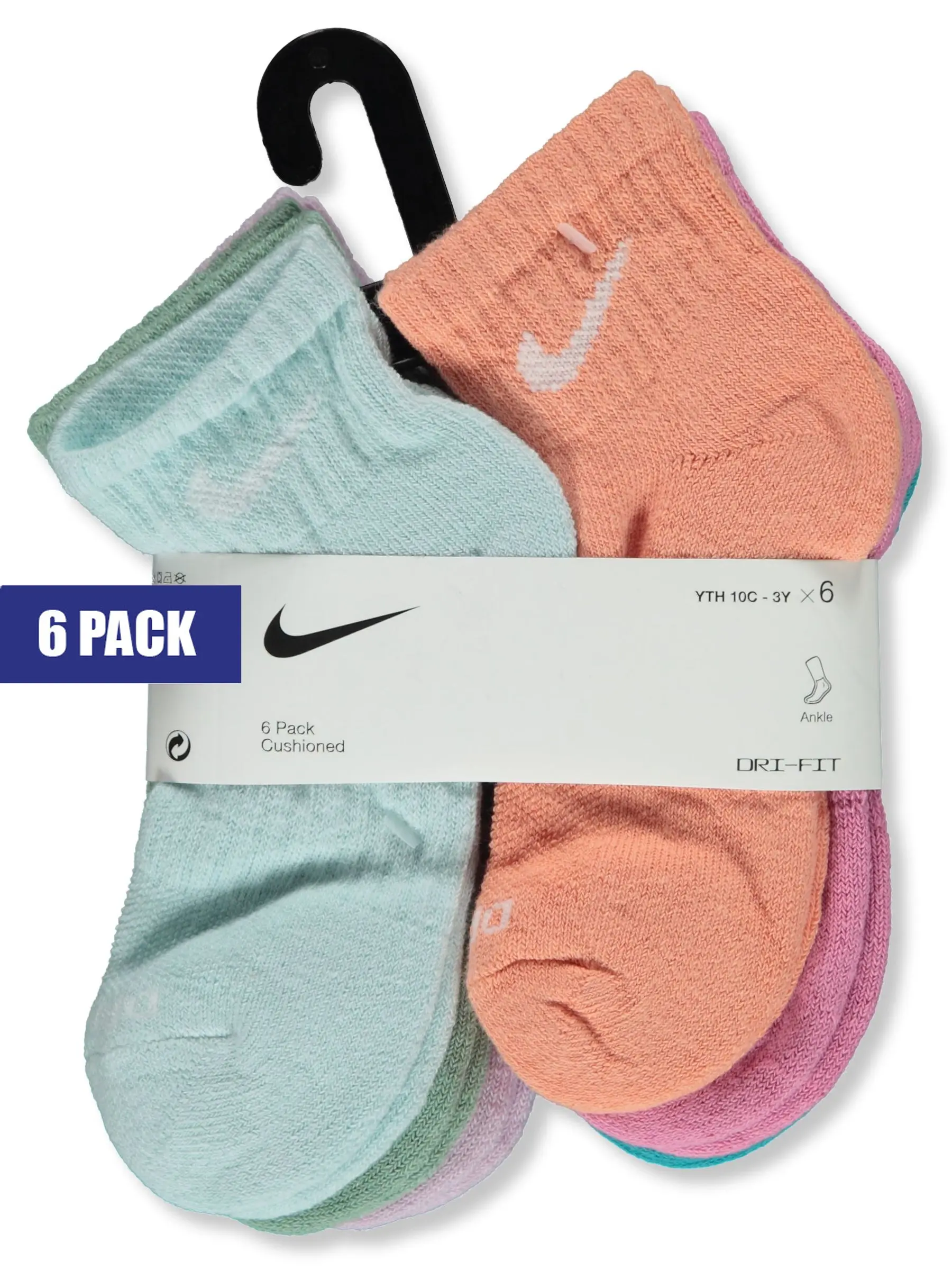 Nike Ankle Socks - Cushioned - Dri-Fit - 6-Pack - Multicolor, Sports Athletic Socks, Moisture Wicking Socks, Multicolor Athletic Sock