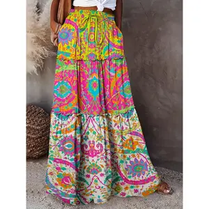 [Vibrant Maxi Skirt] Colorful Floral Women's Maxi Skirt |   Vibrant Patchwork, Loose Fit, Drawstring Detail, Perfect for Holiday & Travel