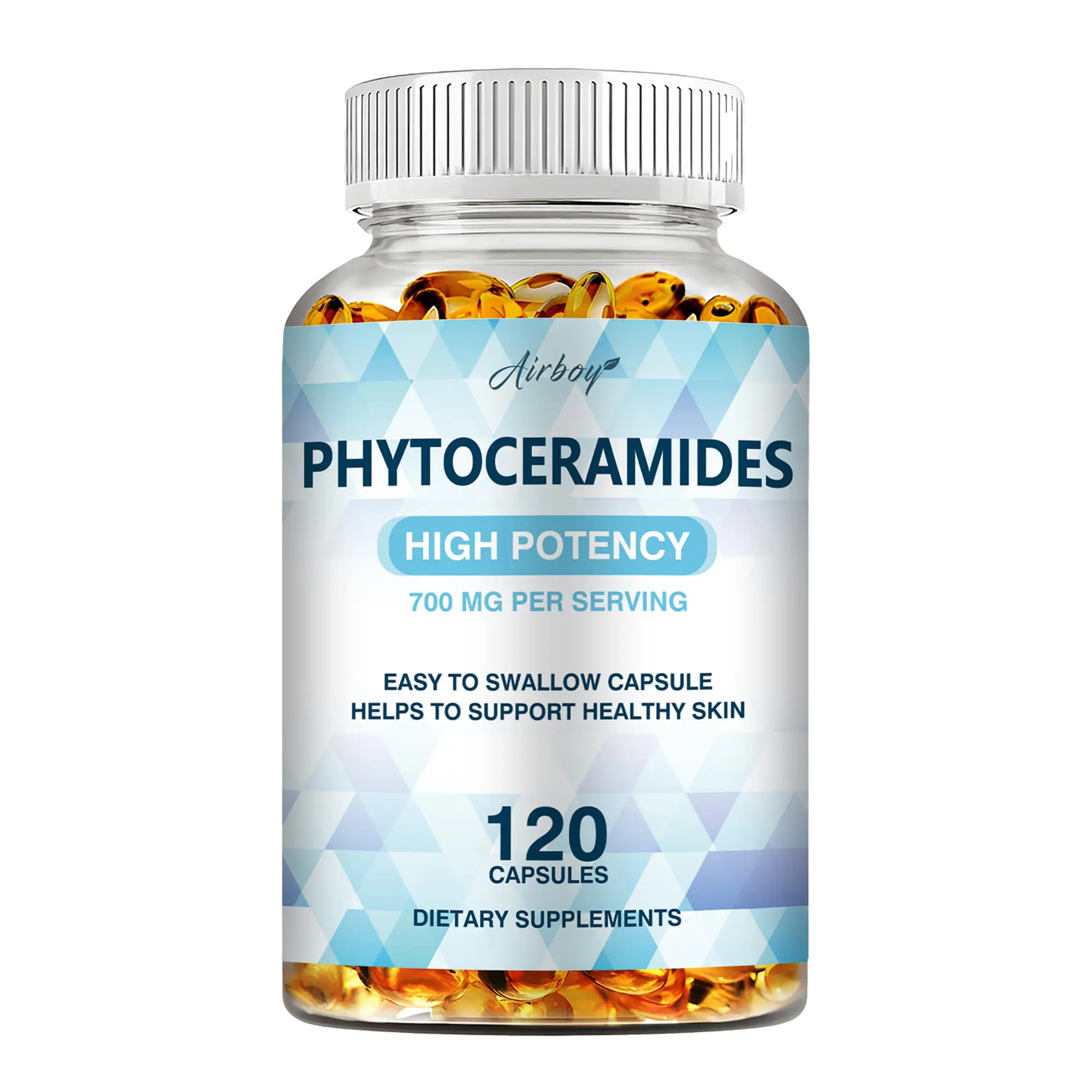 120 Airboy dietary supplements to support skin health, containing ingredients such as phytoceramides, sweet potato, and brown rice flour.
