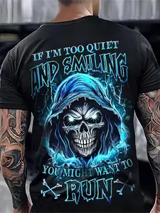 Men'S Y2K Gothic Streetwear T-Shirt, Featuring a Blue Skull And Hooded Cape Print, with The Bold Slogan "If I'M Too Quiet And Smiling, You Might Want to Run Away"- Casual Crew Neck, Short Sleeve, Hip-Hop Style, Suitable for All Seasons, Plus Size
