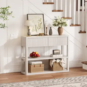 34.6" Tall Console Table with 3-Tier Shelves, Fluted Entryway Table with 2 Drawers, Modern Wood Sofa Table Behind Couch, Narrow Hallway Table for Entrance, Foyer, Living Room, White Grey