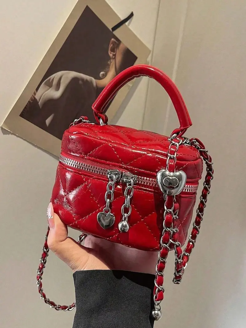 Mini Women's Handbag - Solid Red Quilted Crossbody Bag with Heart Charm Zipper, Chain Strap, and Top Handle, Cute Card/Key Coin Purse, Y2K Style Bag for Daily/Shopping/Travel