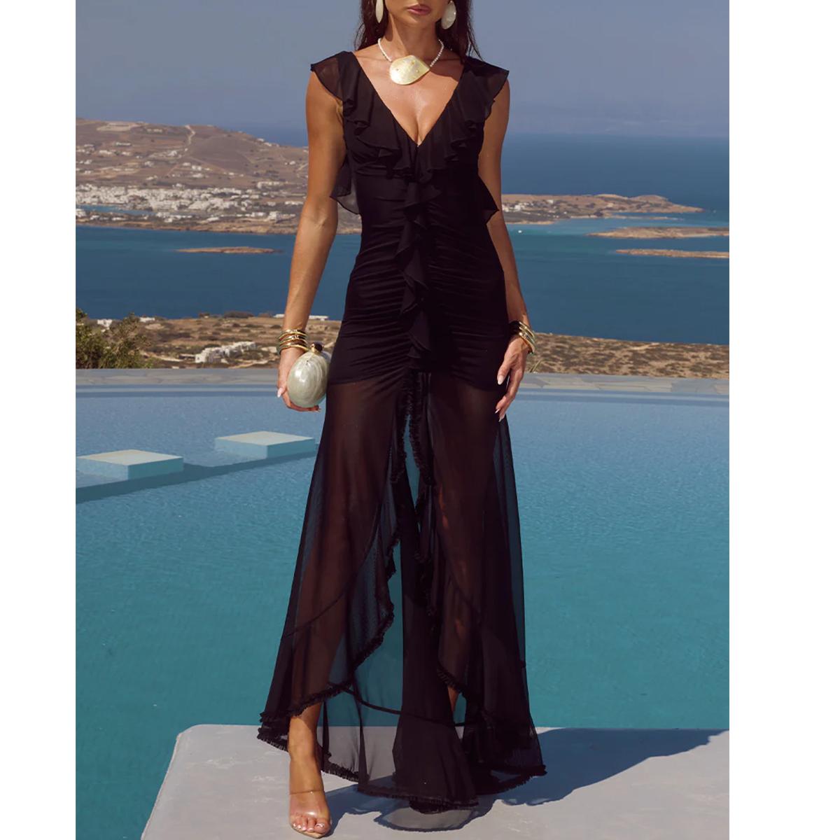 Aprilake Women's Sexy V Neck Bodycon Ruched Frill Ruffle Hem Sheer Mesh Long Maxi Cocktail Evening Dress