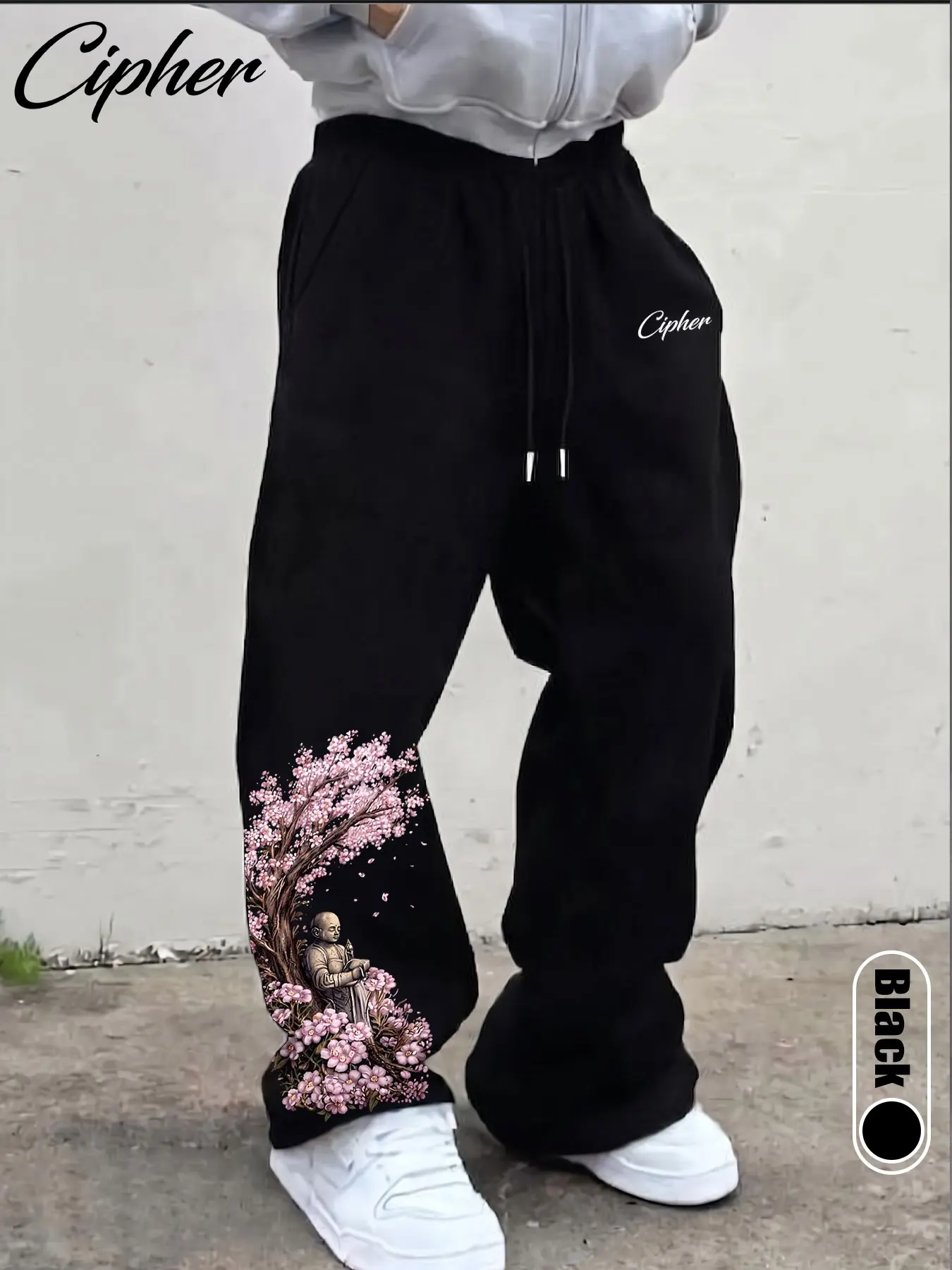 Men's Cipher Cherry Blossom Samurai Print Loose Sweatpants, High Street Wide Leg Pants, Casual Loose Comfy All-Season Long Pants, Athleisure Style Pants, Casual Track Pants, Casual Loungewear Pants
