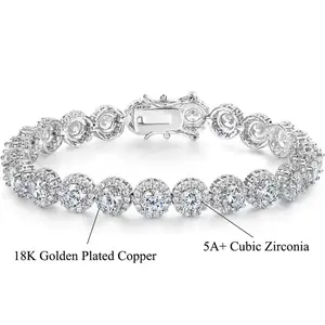 Halo Round Cut Cubic Zirconia Tennis Bracelet, Gold Plated/White Gold Plated, Sparkly Diamond-Like Religious Jewelry for Women, Perfect for Wedding, Party, Mother's Day Gift