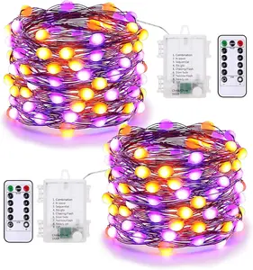 BrizLabs Purple & Orange Halloween Lights, 2 Pack 17.48ft 50 LED Halloween String Lights with Remote, 8 Modes Battery Purple & Orange Fairy Light Waterproof Twinkle Light for Outdoor Haunted Decor
